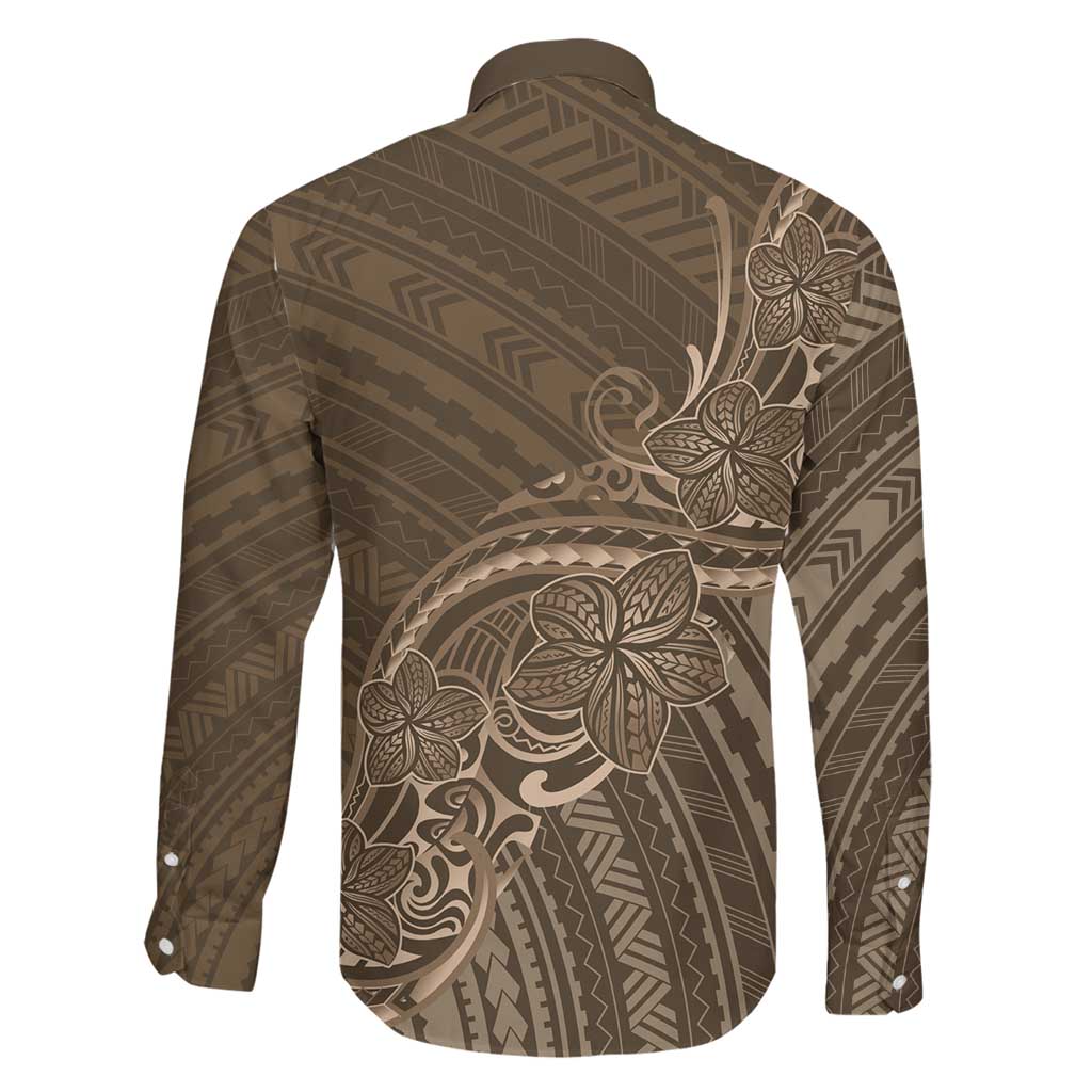 Brown Polynesia Plumeria Tattoo Family Matching Long Sleeve Bodycon Dress and Hawaiian Shirt