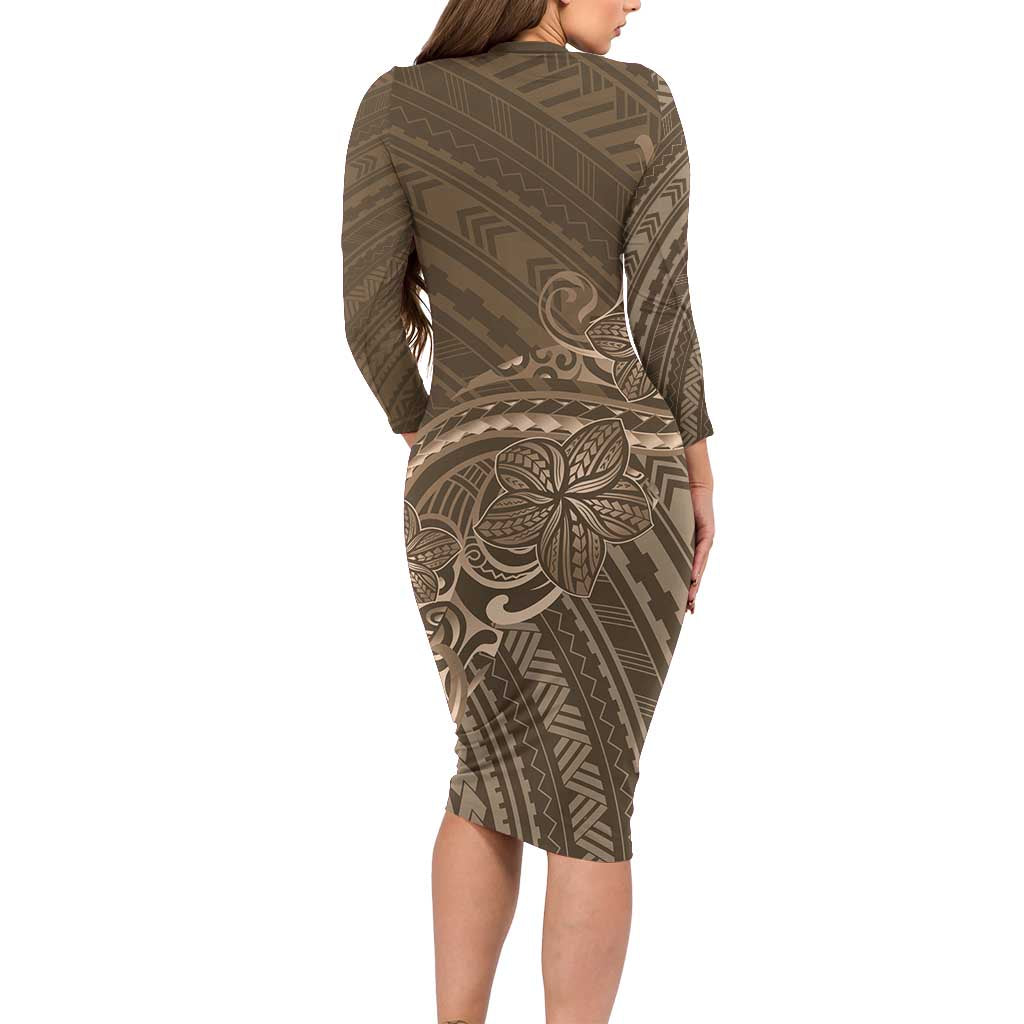 Brown Polynesia Plumeria Tattoo Family Matching Long Sleeve Bodycon Dress and Hawaiian Shirt