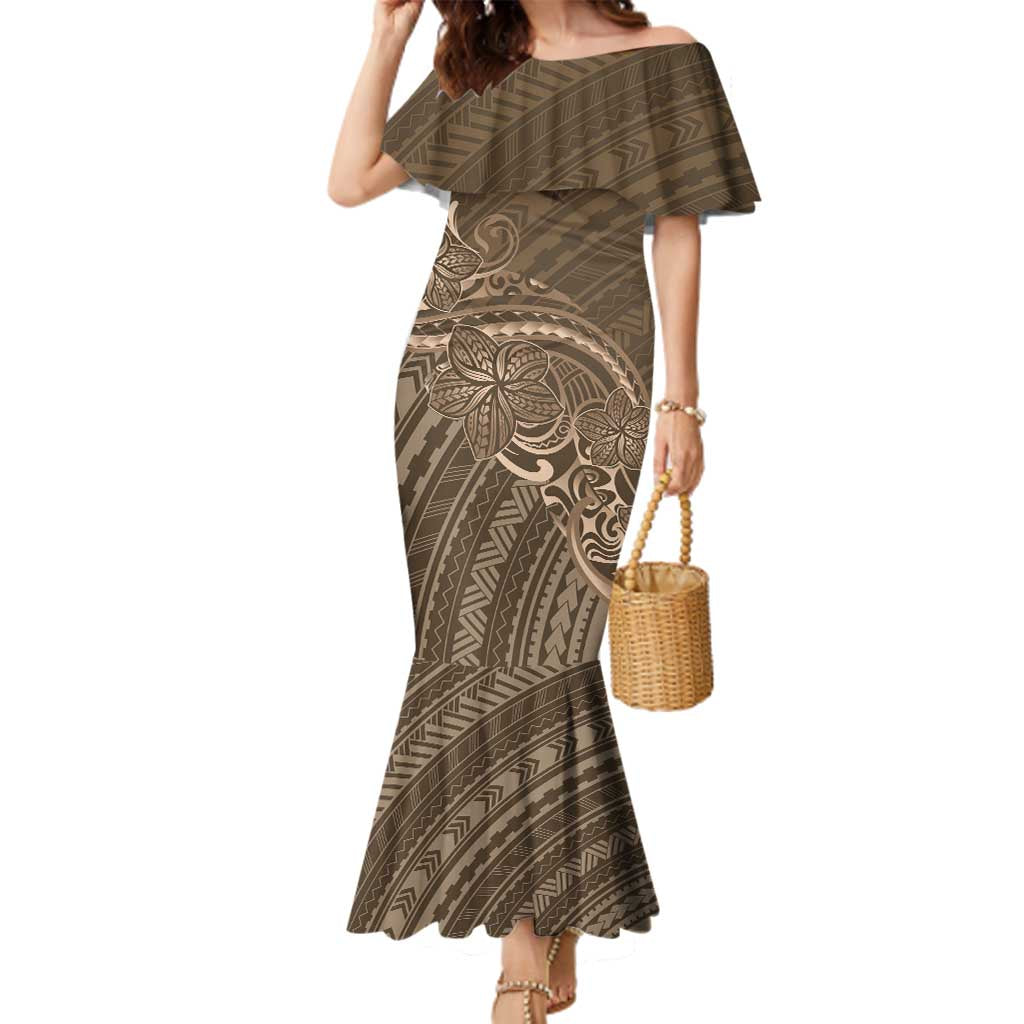 Brown Polynesia Plumeria Tattoo Family Matching Mermaid Dress and Hawaiian Shirt LT14 Mom's Dress Brown - Polynesian Pride