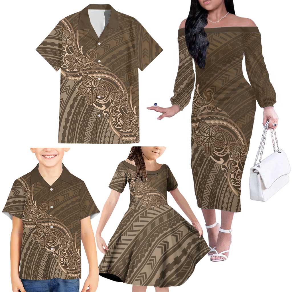 Brown Polynesia Plumeria Tattoo Family Matching Off The Shoulder Long Sleeve Dress and Hawaiian Shirt
