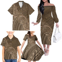 Brown Polynesia Plumeria Tattoo Family Matching Off The Shoulder Long Sleeve Dress and Hawaiian Shirt