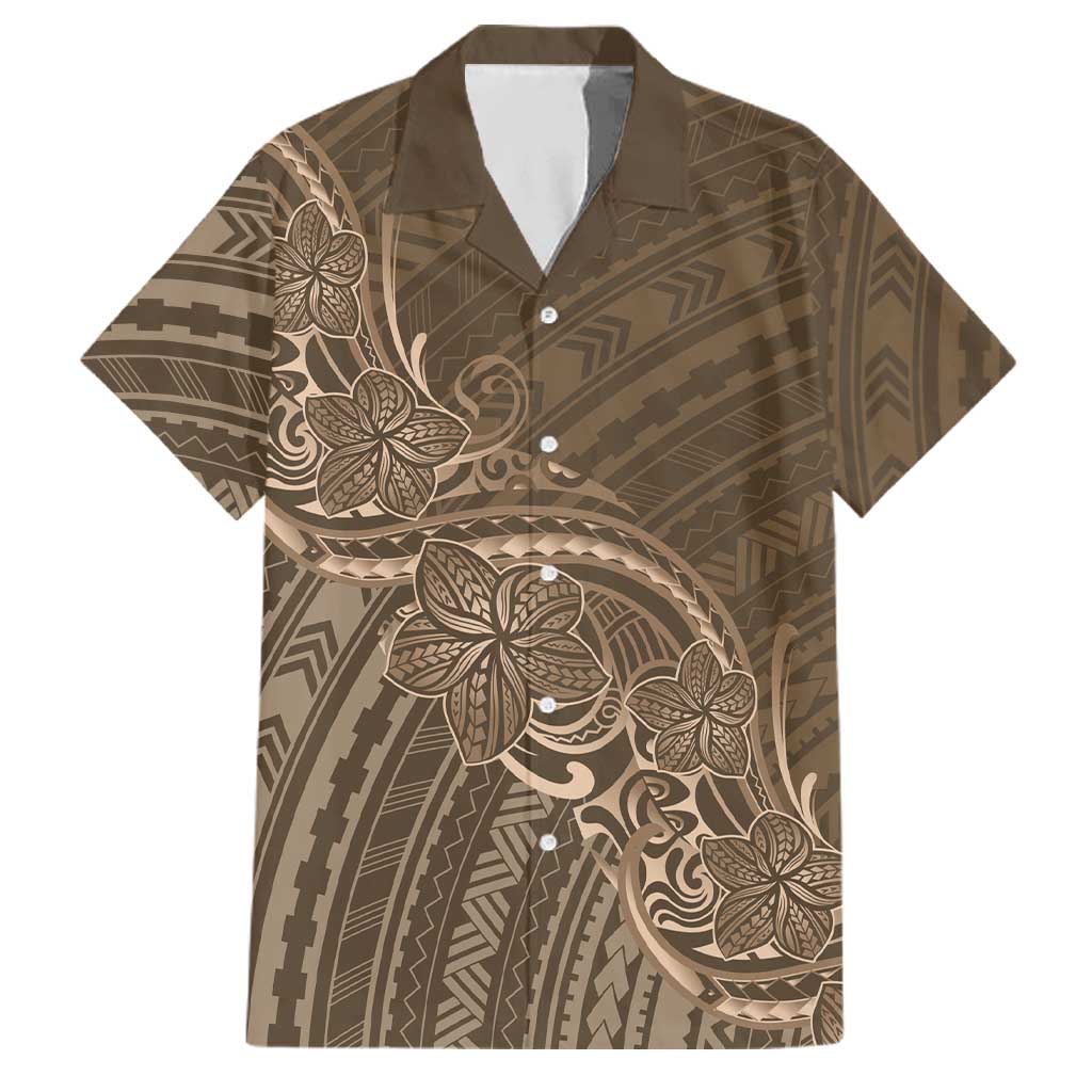 Brown Polynesia Plumeria Tattoo Family Matching Off The Shoulder Long Sleeve Dress and Hawaiian Shirt