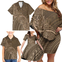 Brown Polynesia Plumeria Tattoo Family Matching Off Shoulder Short Dress and Hawaiian Shirt LT14 - Polynesian Pride