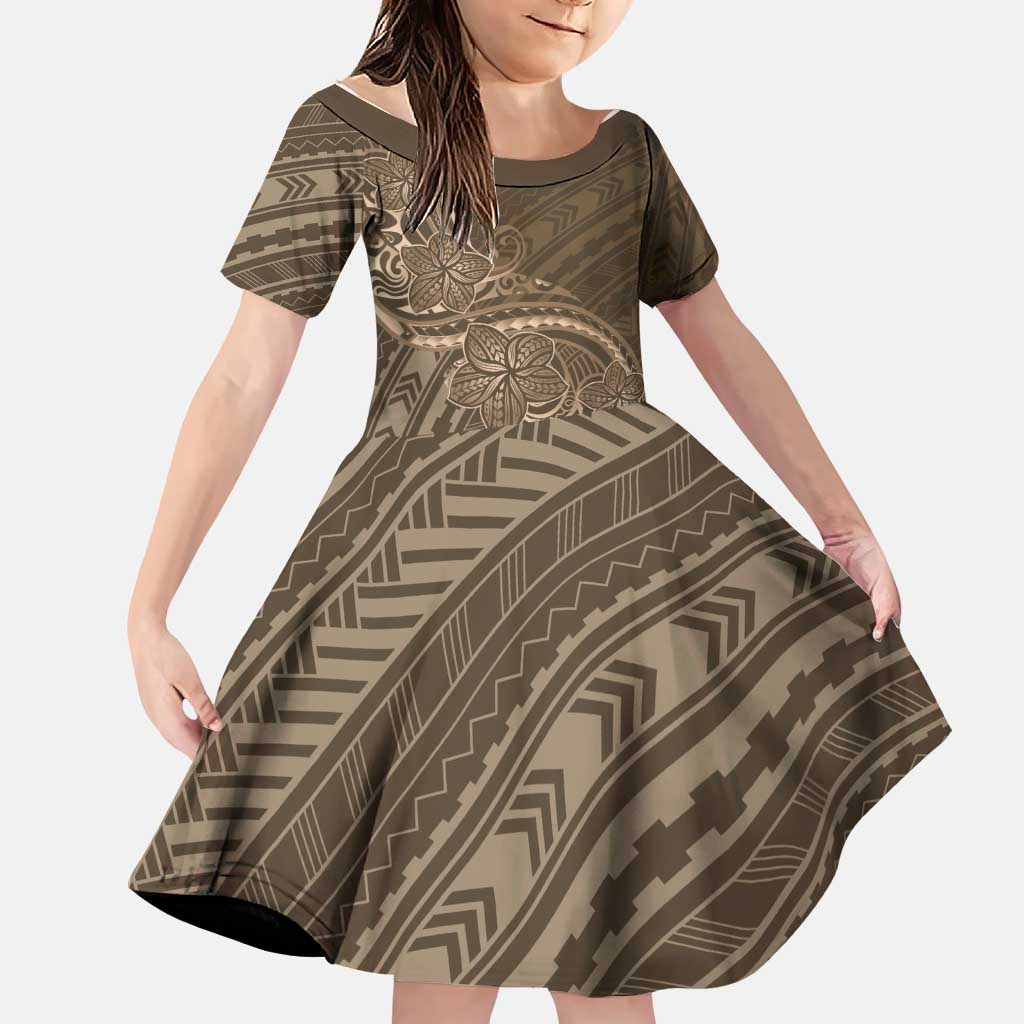Brown Polynesia Plumeria Tattoo Family Matching Puletasi and Hawaiian Shirt LT14 Daughter's Dress Brown - Polynesian Pride