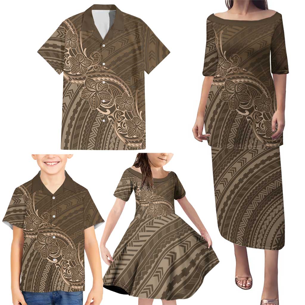 Brown Polynesia Plumeria Tattoo Family Matching Puletasi and Hawaiian Shirt