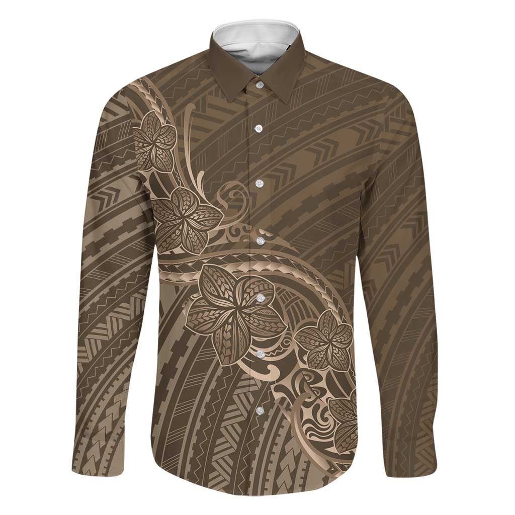 Brown Polynesia Plumeria Tattoo Family Matching Tank Maxi Dress and Hawaiian Shirt LT14 Dad's Shirt - Long Sleeve Brown - Polynesian Pride