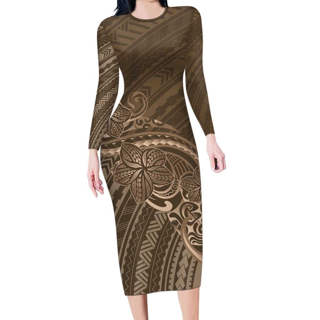 Brown Polynesia Plumeria Tattoo Long Sleeve Bodycon Dress LT14 Long Dress Brown - Polynesian Pride