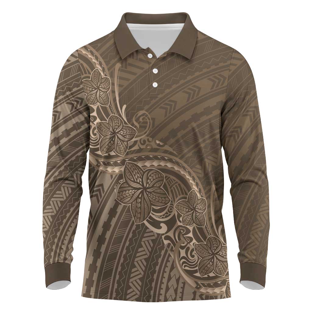 Brown Polynesia Plumeria Tattoo Long Sleeve Polo Shirt LT14 Brown - Polynesian Pride