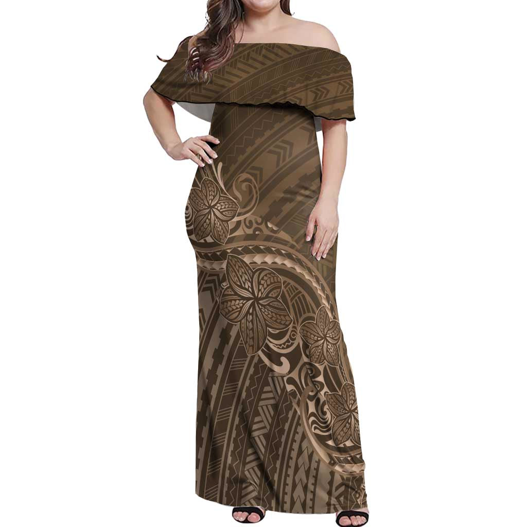 Brown Polynesia Plumeria Tattoo Off Shoulder Maxi Dress LT14 Women Brown - Polynesian Pride