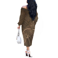 Brown Polynesia Plumeria Tattoo Off The Shoulder Long Sleeve Dress