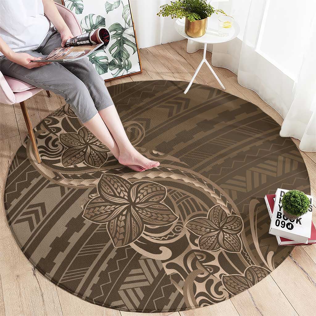 Brown Polynesia Plumeria Tattoo Round Carpet