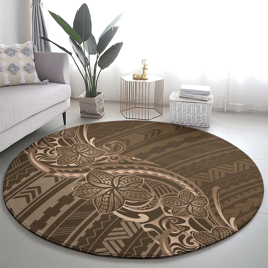 Brown Polynesia Plumeria Tattoo Round Carpet