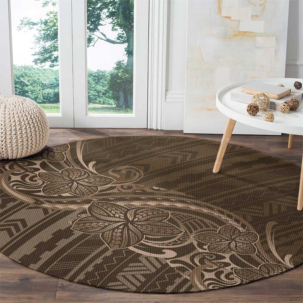Brown Polynesia Plumeria Tattoo Round Carpet