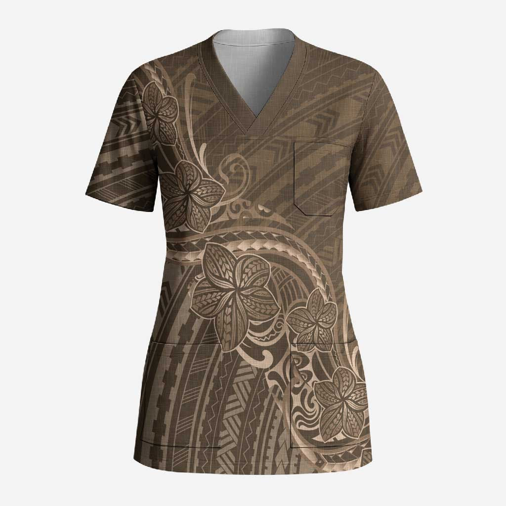 Brown Polynesia Plumeria Tattoo Scrub Top LT14 Adult Brown - Polynesian Pride
