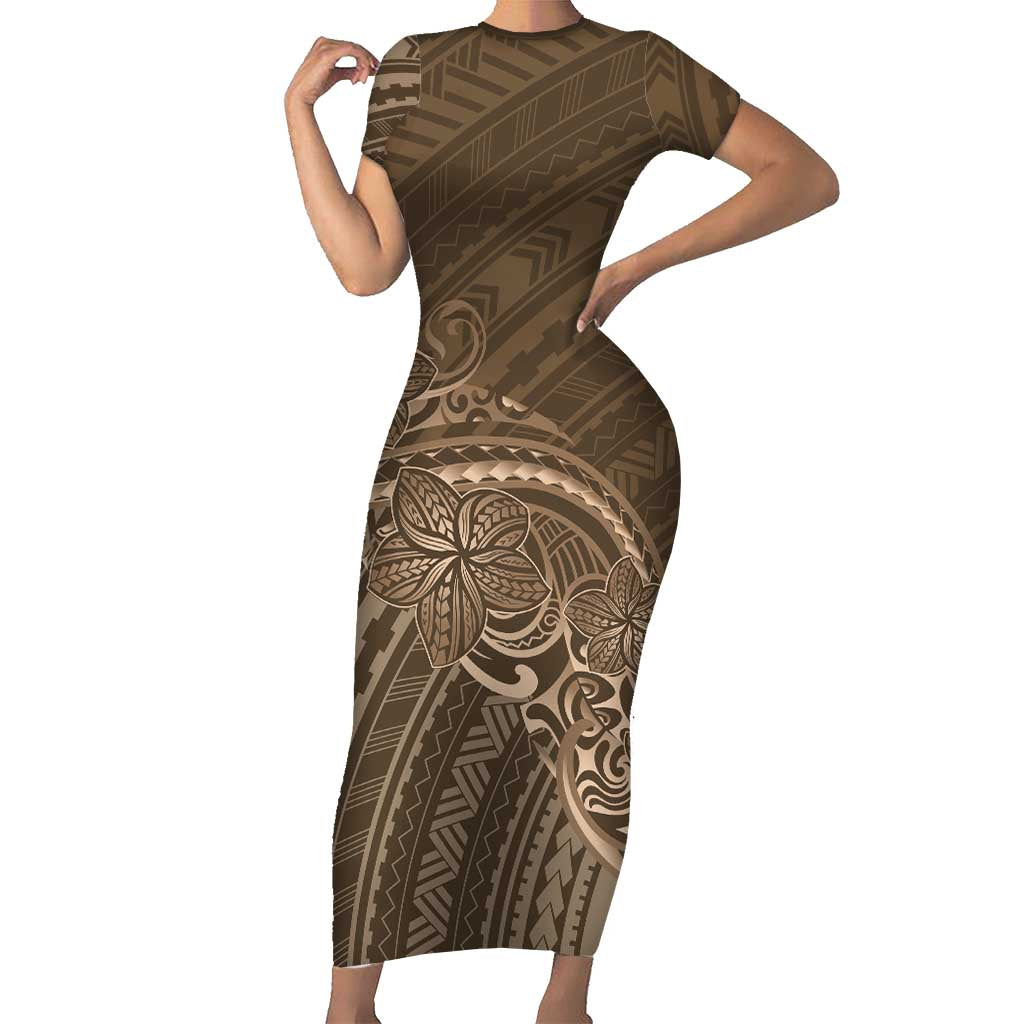 Brown Polynesia Plumeria Tattoo Short Sleeve Bodycon Dress