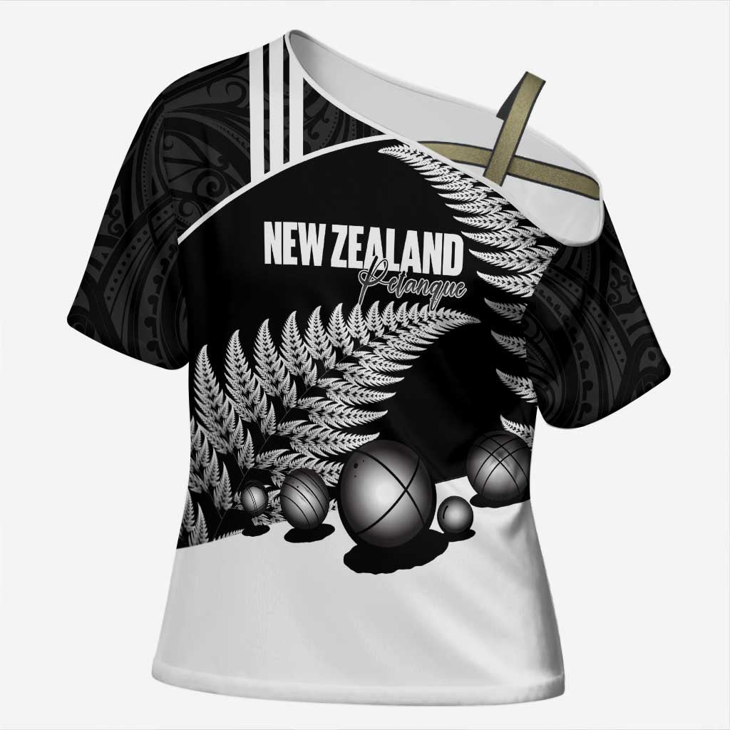 Custom New Zealand Silver Fern Petanque Cross Shoulder Shirt Aotearoa Maori Pattern