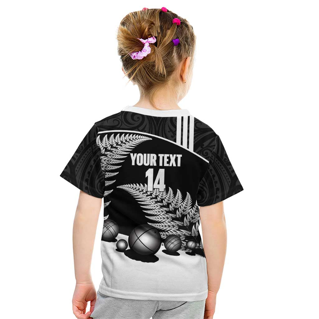 Custom New Zealand Silver Fern Petanque Kid T Shirt Aotearoa Maori Pattern