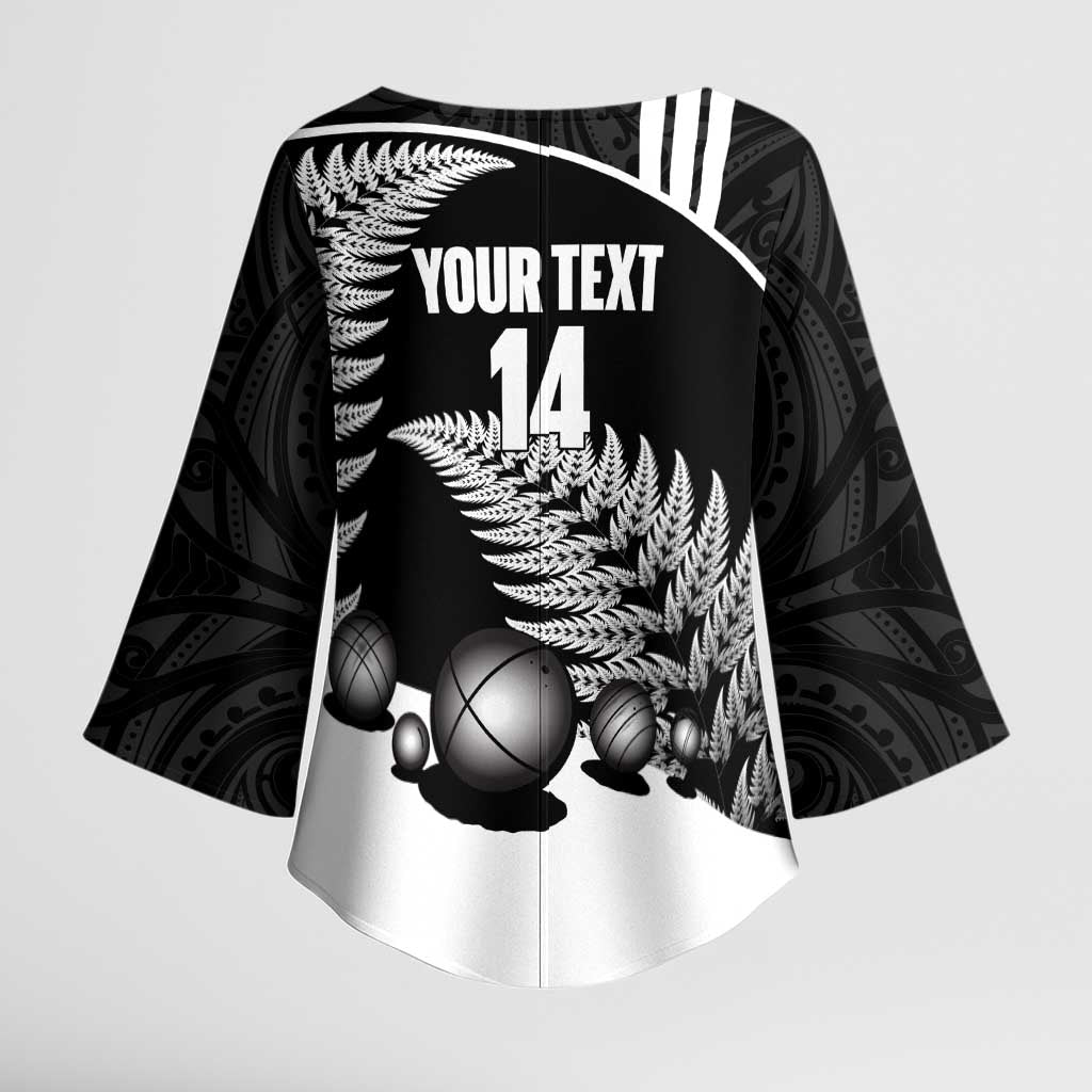 Custom New Zealand Silver Fern Petanque Kimono Sleeve Blouse Aotearoa Maori Pattern