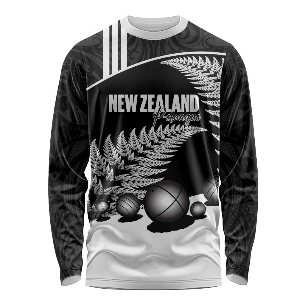 Custom New Zealand Silver Fern Petanque Long Sleeve Shirt Aotearoa Maori Pattern LT14 Unisex Black - Polynesian Pride