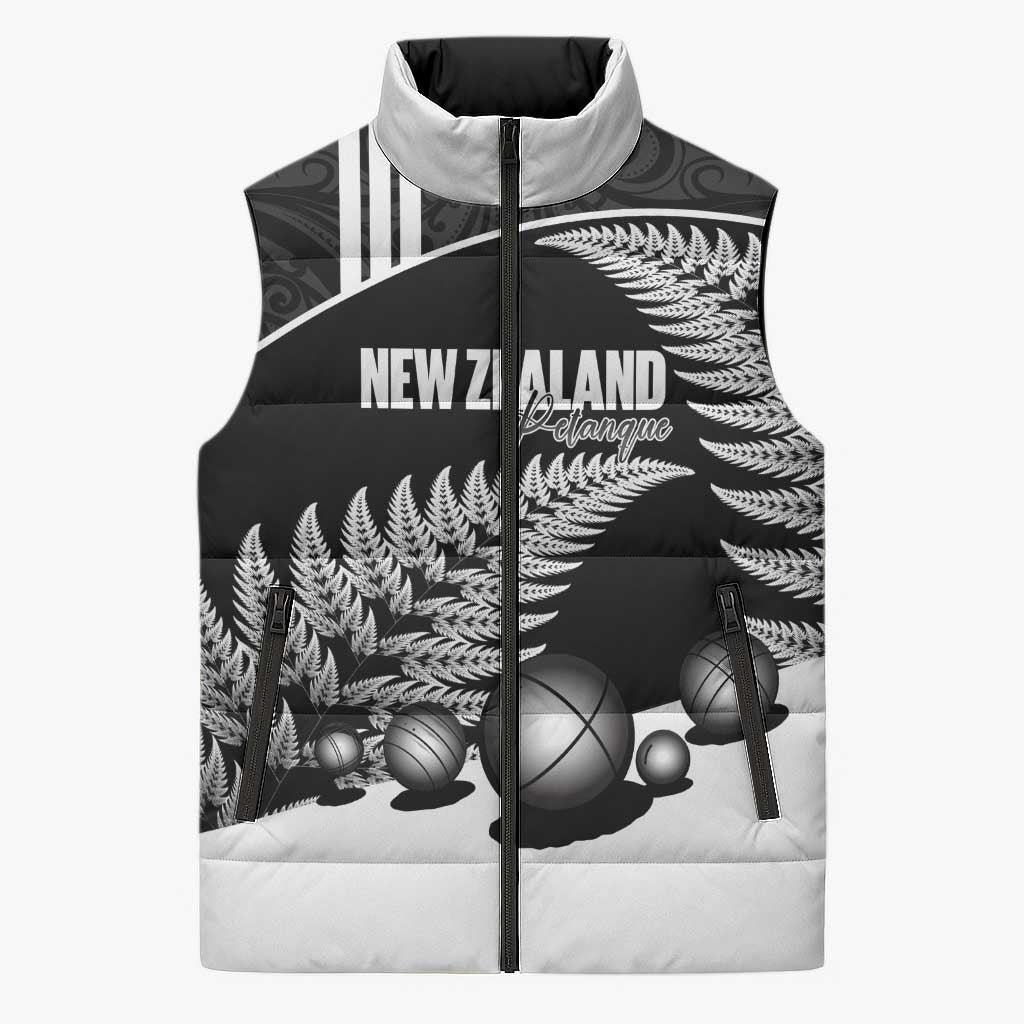 Custom New Zealand Silver Fern Petanque Sleeveless Puffer Jacket Aotearoa Maori Pattern LT14 Unisex Black - Polynesian Pride