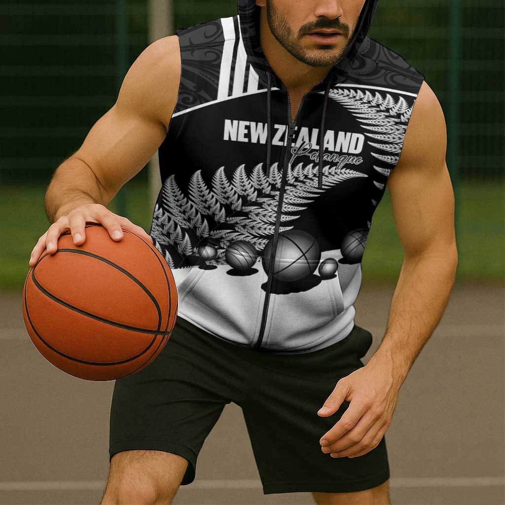 Custom New Zealand Silver Fern Petanque Sleeveless Zip Hoodie Aotearoa Maori Pattern LT14 - Polynesian Pride
