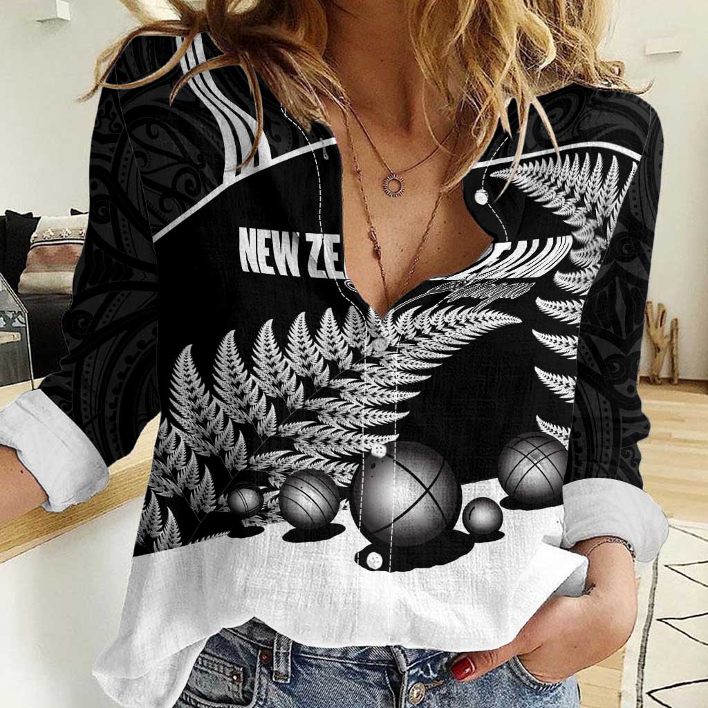 Custom New Zealand Silver Fern Petanque Women Casual Shirt Aotearoa Maori Pattern LT14 Female Black - Polynesian Pride
