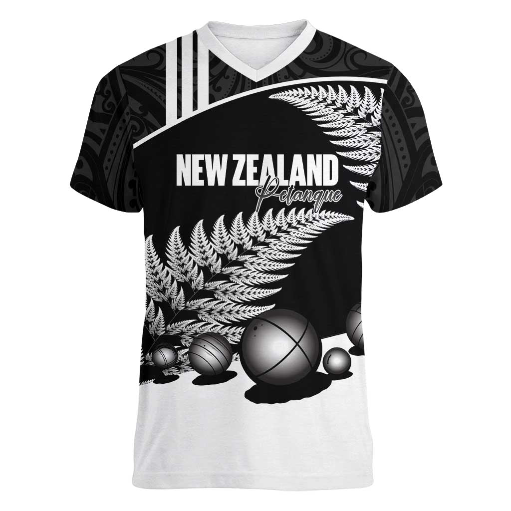 Custom New Zealand Silver Fern Petanque Women V-Neck T-Shirt Aotearoa Maori Pattern LT14 Female Black - Polynesian Pride