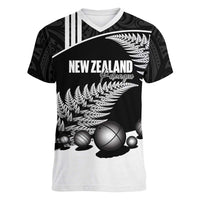 Custom New Zealand Silver Fern Petanque Women V-Neck T-Shirt Aotearoa Maori Pattern LT14 Female Black - Polynesian Pride