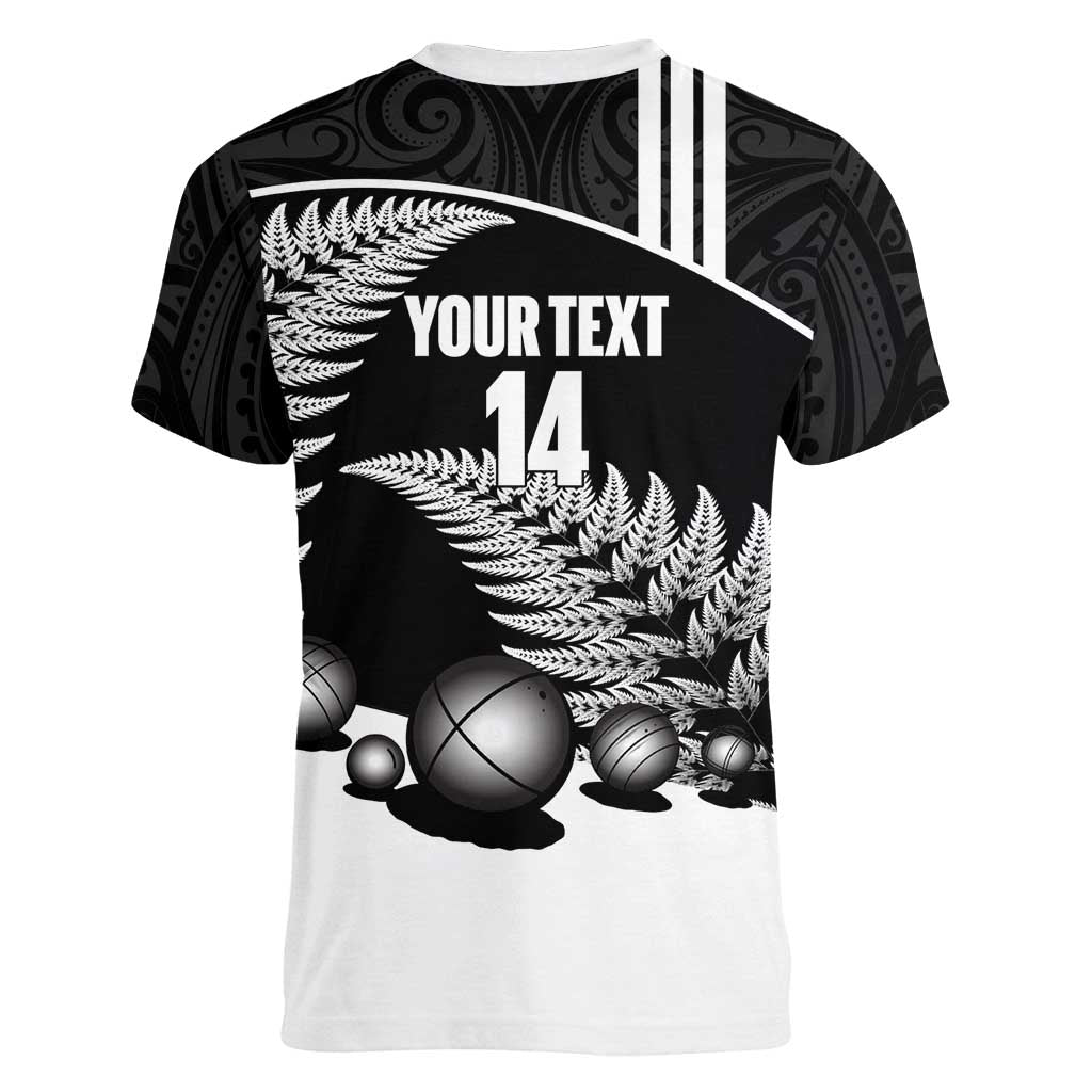Custom New Zealand Silver Fern Petanque Women V-Neck T-Shirt Aotearoa Maori Pattern LT14 - Polynesian Pride