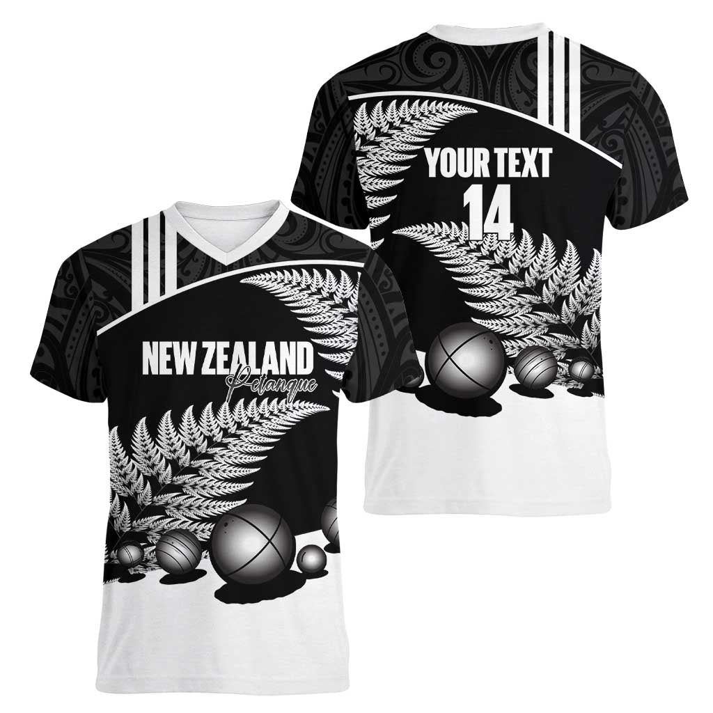Custom New Zealand Silver Fern Petanque Women V-Neck T-Shirt Aotearoa Maori Pattern LT14 - Polynesian Pride