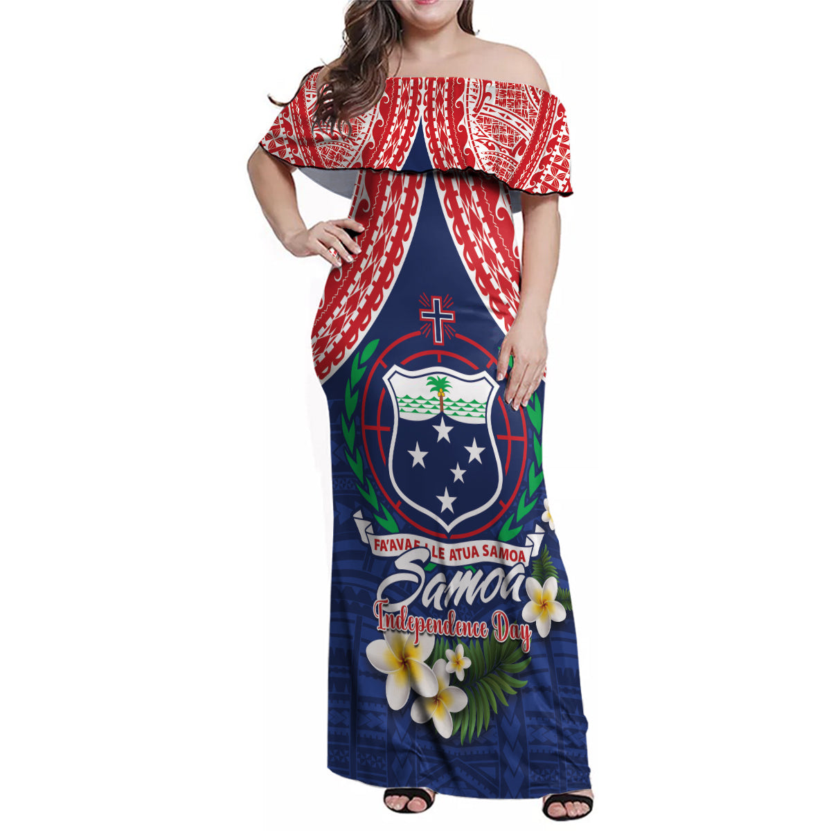 Samoan Independence Day Family Matching Off Shoulder Maxi Dress and Hawaiian Shirt Manuia Le Tutoatasi O Samoa