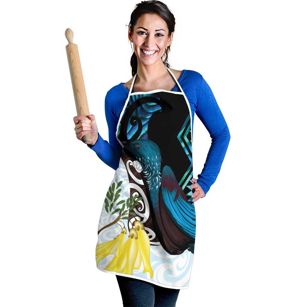 New Zealand Silver Fern Tui Bird Apron Maori Kowhai Paua Shell Taniko Motifs - Polynesian Pride