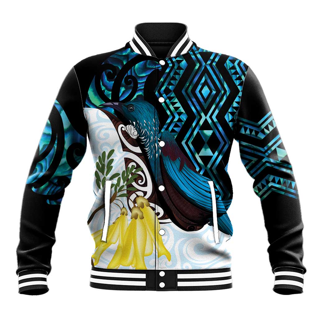 New Zealand Silver Fern Tui Bird Baseball Jacket Maori Kowhai Paua Shell Taniko Motifs LT14 Unisex Turquoise - Polynesian Pride