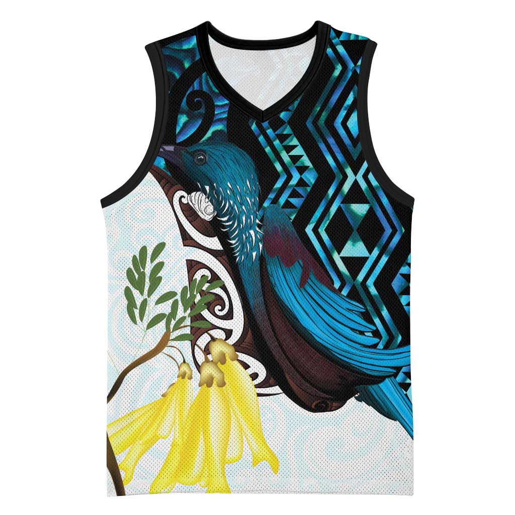 New Zealand Silver Fern Tui Bird Basketball Jersey Maori Kowhai Paua Shell Taniko Motifs - Polynesian Pride