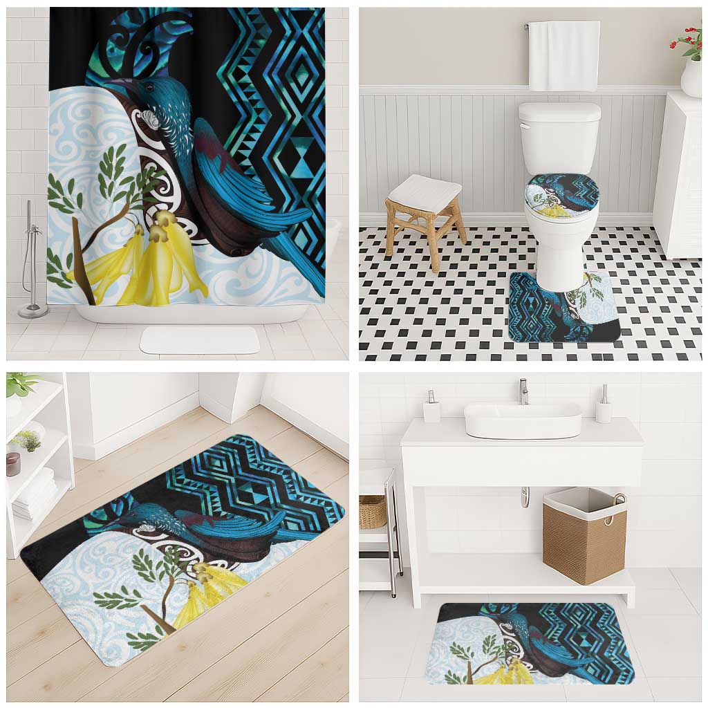 New Zealand Silver Fern Tui Bird Bathroom Set Maori Kowhai Paua Shell Taniko Motifs - Polynesian Pride