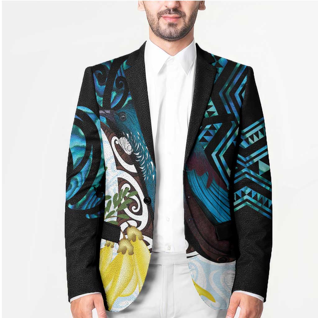 New Zealand Silver Fern Tui Bird Blazer Maori Kowhai Paua Shell Taniko Motifs LT14 - Polynesian Pride