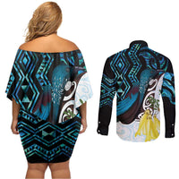 New Zealand Silver Fern Tui Bird Couples Matching Off Shoulder Short Dress and Long Sleeve Button Shirt Maori Kowhai Paua Shell Taniko Motifs LT14 - Polynesian Pride