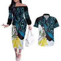 New Zealand Silver Fern Tui Bird Couples Matching Off The Shoulder Long Sleeve Dress and Hawaiian Shirt Maori Kowhai Paua Shell Taniko Motifs