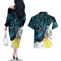 New Zealand Silver Fern Tui Bird Couples Matching Off The Shoulder Long Sleeve Dress and Hawaiian Shirt Maori Kowhai Paua Shell Taniko Motifs