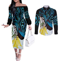 New Zealand Silver Fern Tui Bird Couples Matching Off The Shoulder Long Sleeve Dress and Long Sleeve Button Shirt Maori Kowhai Paua Shell Taniko Motifs LT14 Turquoise - Polynesian Pride