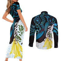 New Zealand Silver Fern Tui Bird Couples Matching Short Sleeve Bodycon Dress and Long Sleeve Button Shirt Maori Kowhai Paua Shell Taniko Motifs LT14 - Polynesian Pride