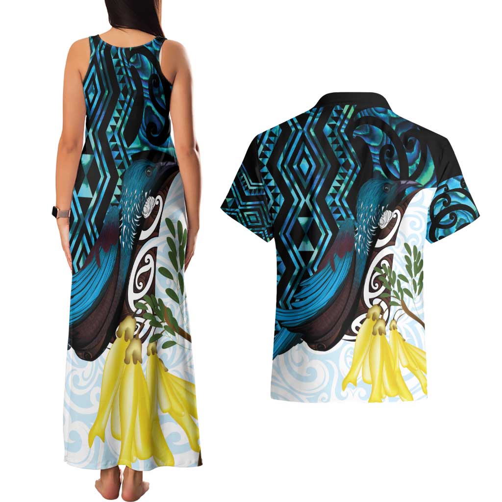 New Zealand Silver Fern Tui Bird Couples Matching Tank Maxi Dress and Hawaiian Shirt Maori Kowhai Paua Shell Taniko Motifs LT14 - Polynesian Pride