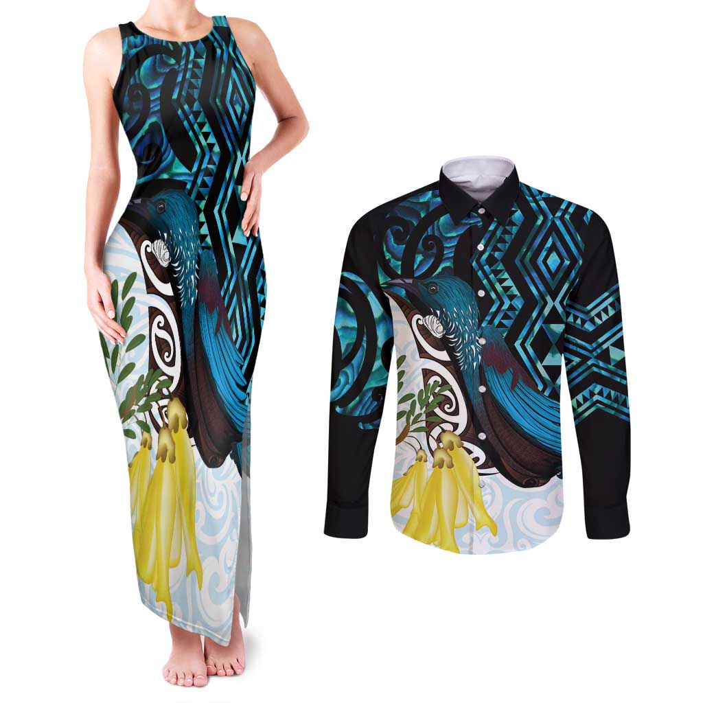New Zealand Silver Fern Tui Bird Couples Matching Tank Maxi Dress and Long Sleeve Button Shirt Maori Kowhai Paua Shell Taniko Motifs LT14 Turquoise - Polynesian Pride