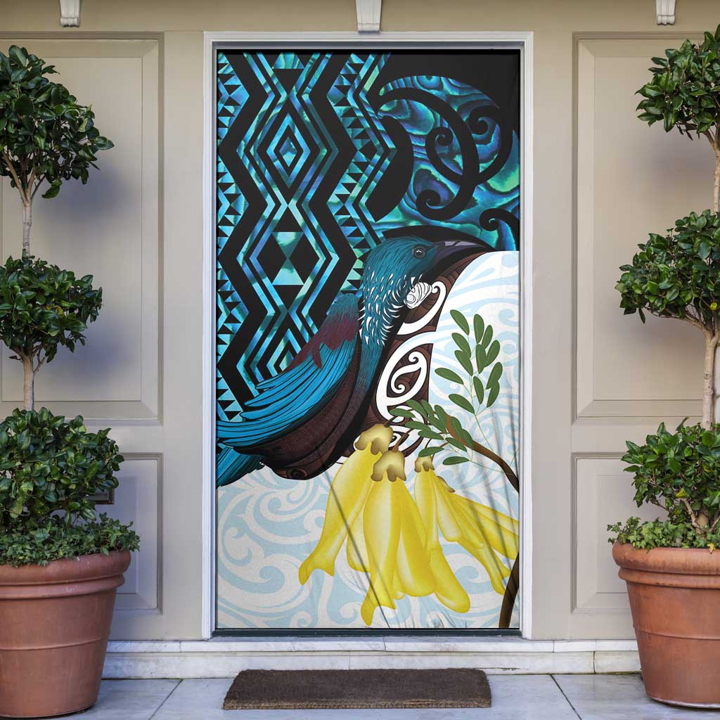 New Zealand Silver Fern Tui Bird Door Cover Maori Kowhai Paua Shell Taniko Motifs - Polynesian Pride