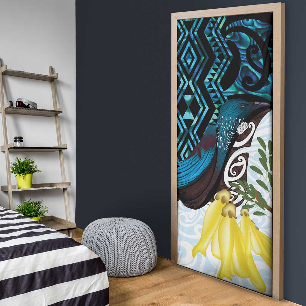 New Zealand Silver Fern Tui Bird Door Cover Maori Kowhai Paua Shell Taniko Motifs - Polynesian Pride