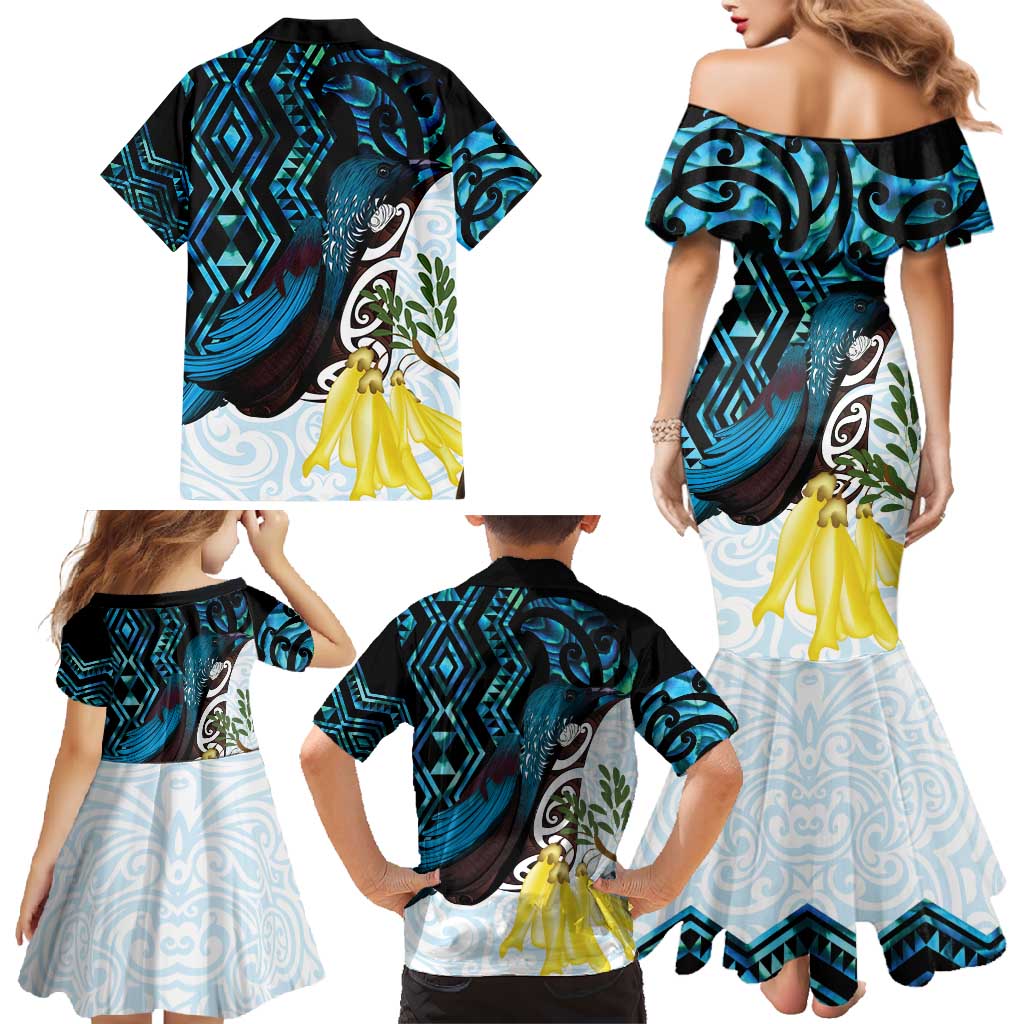 New Zealand Silver Fern Tui Bird Family Matching Mermaid Dress and Hawaiian Shirt Maori Kowhai Paua Shell Taniko Motifs LT14 - Polynesian Pride