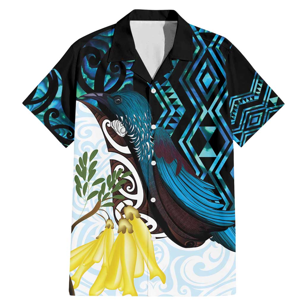 New Zealand Silver Fern Tui Bird Family Matching Mermaid Dress and Hawaiian Shirt Maori Kowhai Paua Shell Taniko Motifs LT14 Dad's Shirt - Short Sleeve Turquoise - Polynesian Pride