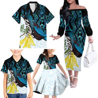 New Zealand Silver Fern Tui Bird Family Matching Off The Shoulder Long Sleeve Dress and Hawaiian Shirt Maori Kowhai Paua Shell Taniko Motifs
