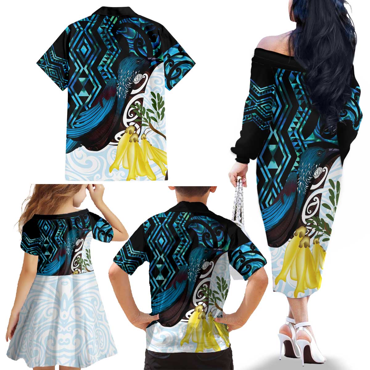 New Zealand Silver Fern Tui Bird Family Matching Off The Shoulder Long Sleeve Dress and Hawaiian Shirt Maori Kowhai Paua Shell Taniko Motifs