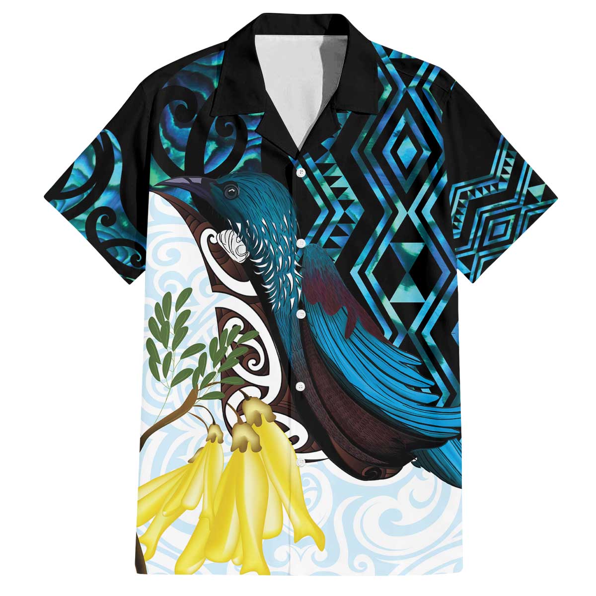 New Zealand Silver Fern Tui Bird Family Matching Off The Shoulder Long Sleeve Dress and Hawaiian Shirt Maori Kowhai Paua Shell Taniko Motifs